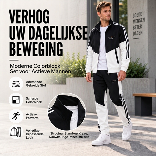 🔥 Trend Deal ✨ Heren Colorblock Trainingsset met Ritsjas & Broek met Trekkoord – Comfortabele Casual 2-Delige Set