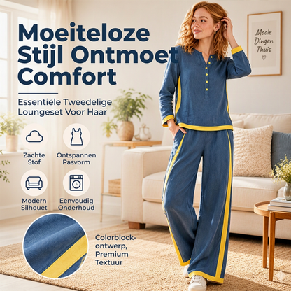 🔥 Tijdelijke Korting ✨ Dames Colorblock 2-Delige Set met Lange Mouwen Top & Wijde Pantalon – Trendy Design en Comfortabele Pasvorm