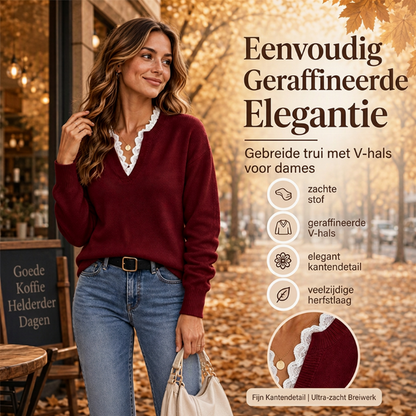 ✨ Nieuwe Collectie 🤍 Dames Gebreide Trui met Sjaalkraag & Kantdetail – Elegante Look, Zacht Comfort en Tijdloze Stijl