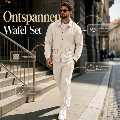 ✨ Heren Winterfavoriet 🤎 Wafelgebreide Vestjas & Broek Set – Comfortabele Pasvorm en Tijdloze Casual Stijl 👔