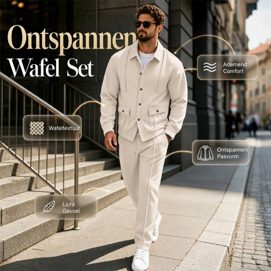 ✨ Heren Winterfavoriet 🤎 Wafelgebreide Vestjas & Broek Set – Comfortabele Pasvorm en Tijdloze Casual Stijl 👔