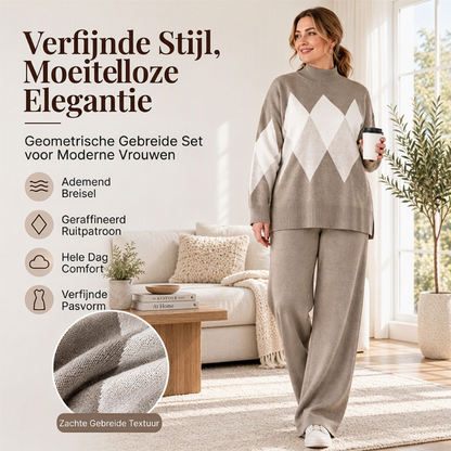 🍂 Stijlvolle Winterlook 🤎 Dames Set met Argyle Gebreide Trui & Wijde Broek – Tijdloos Ruitpatroon en Comfortabele Pasvorm ✨