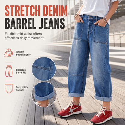 ✨ Dames Stretch Jeans 👖 Grote Maten, Midden Taille Kuitbroek van Katoen, Omgeslagen Boord & Gestikte Patchzakken ✨