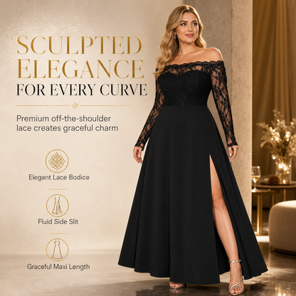 Maxi-jurk voor dames in grote maten, met kant, lange mouwen en off-shoulder ontwerp