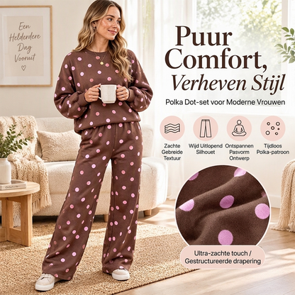 ✨Dames Set met Polkadot Top en Wijde Broek, Casual Tweedelige Set Losse Pasvorm☕🍂
