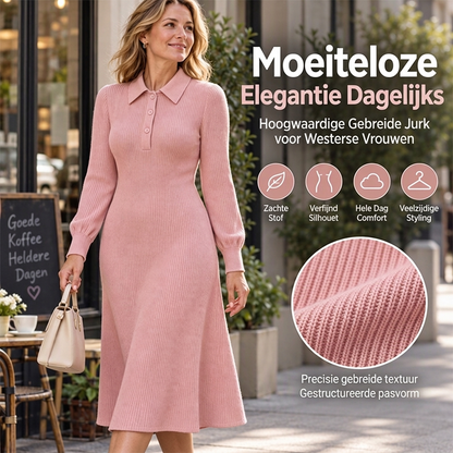 ✨ Nu Extra Voordelig — Dames Geribbelde Jurk met Reverkraag, stijlvol slim passend, geschikt voor dag en avonduitjes